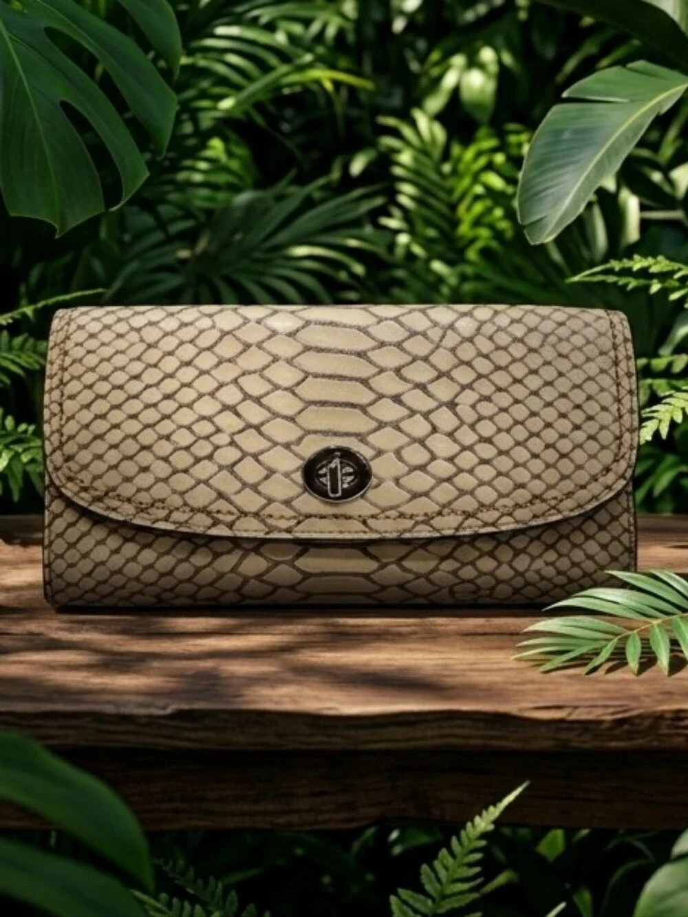 Coach Snake-Print Beige Turn-Lock Wallet